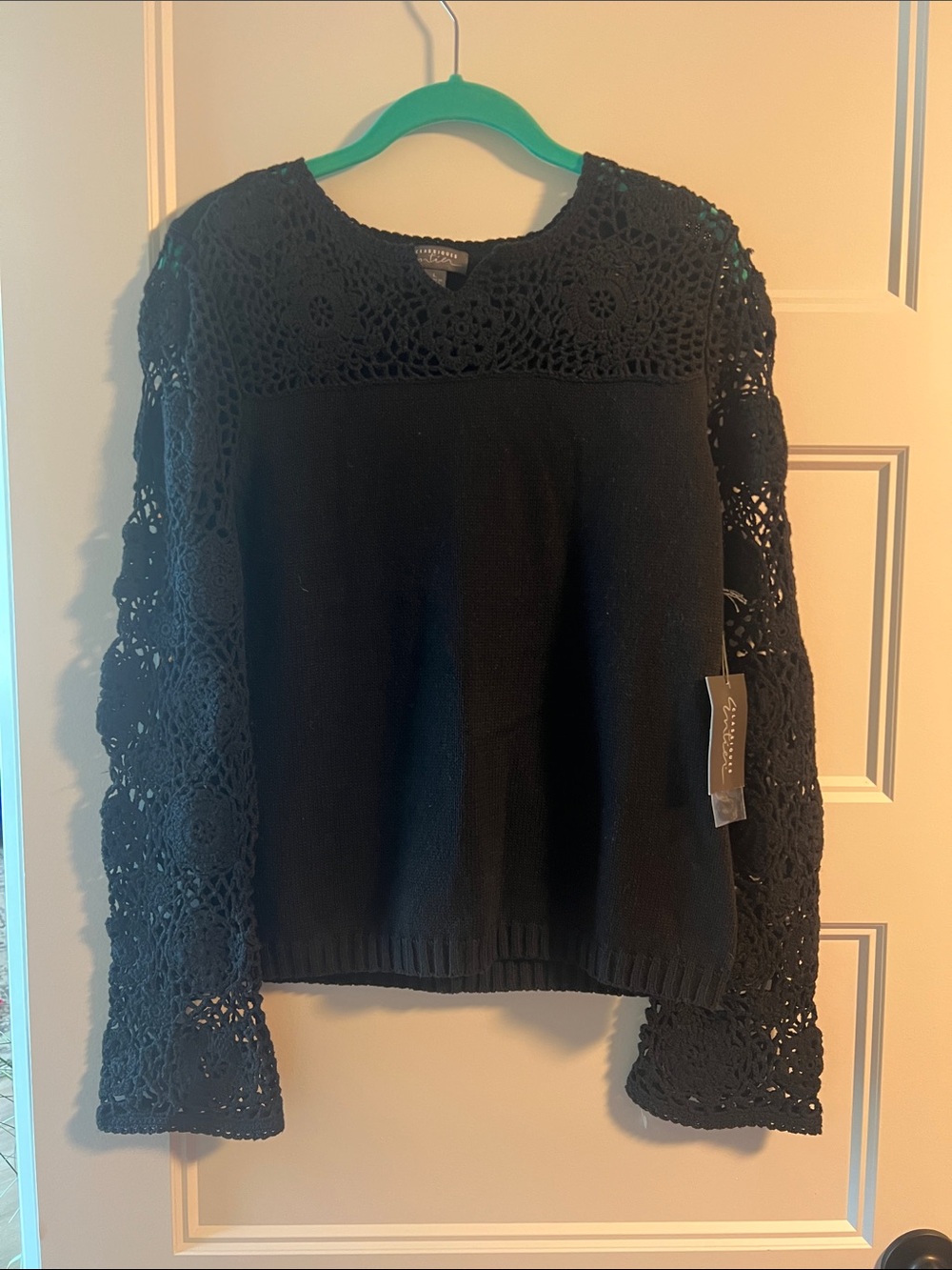 Classiques Entier Black Crochet-Sleeve Crewneck Sweater
